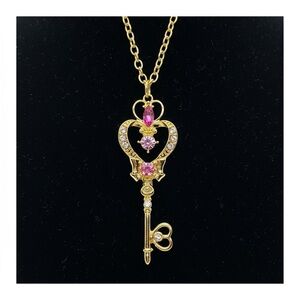 Victorian Style Skeleton Key Gold Pendant Necklece Pink Crystals Anime Manga